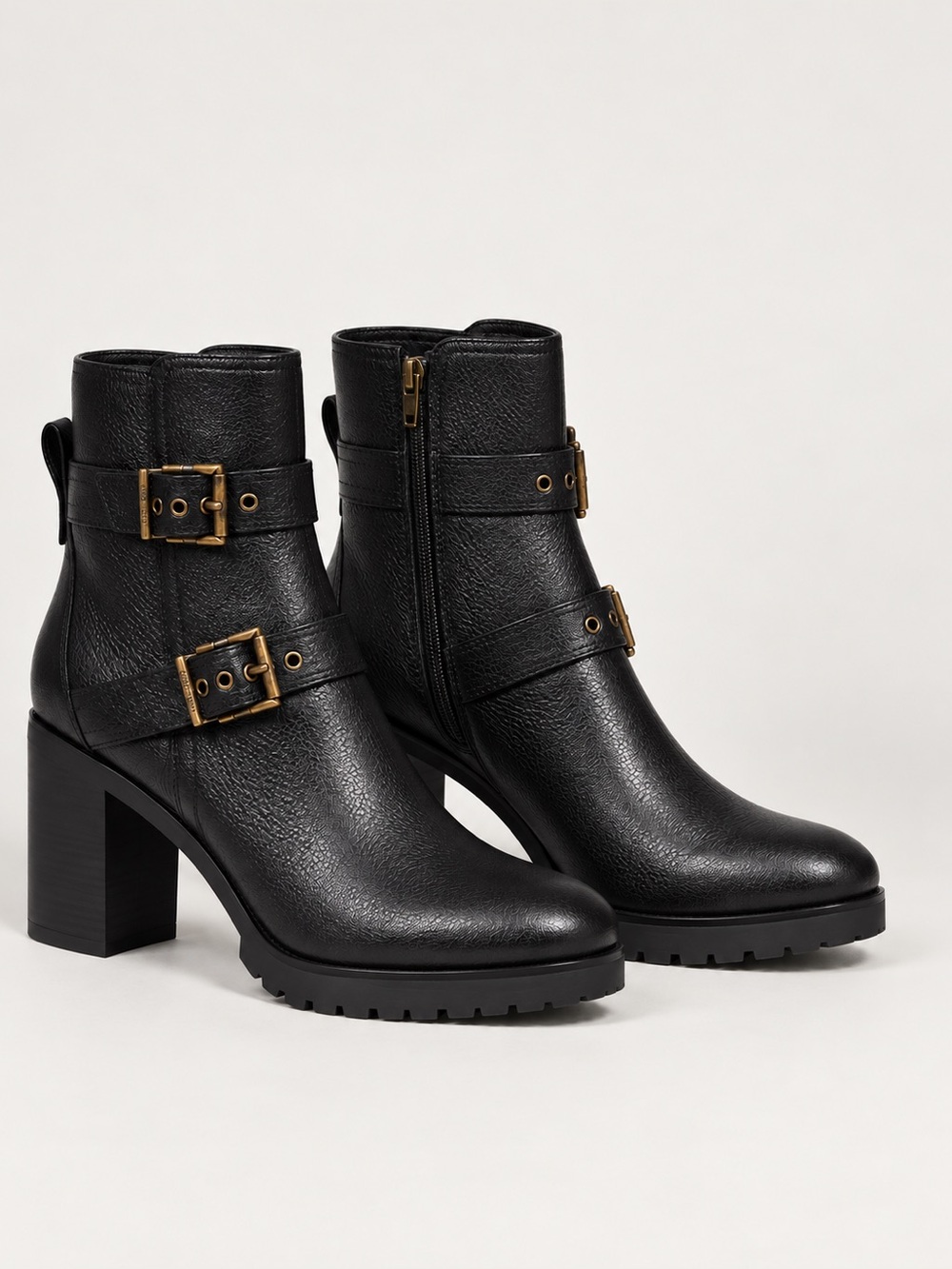 Cole Haan Foster Black Leather Double Buckle Block Heel Moto Booties Size 7.5